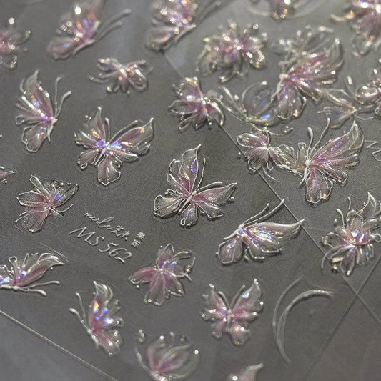 Aurora Light Butterfly Nail Art Stickers Adhesive Embossed Pink Wing Design Sticker Decals MS533