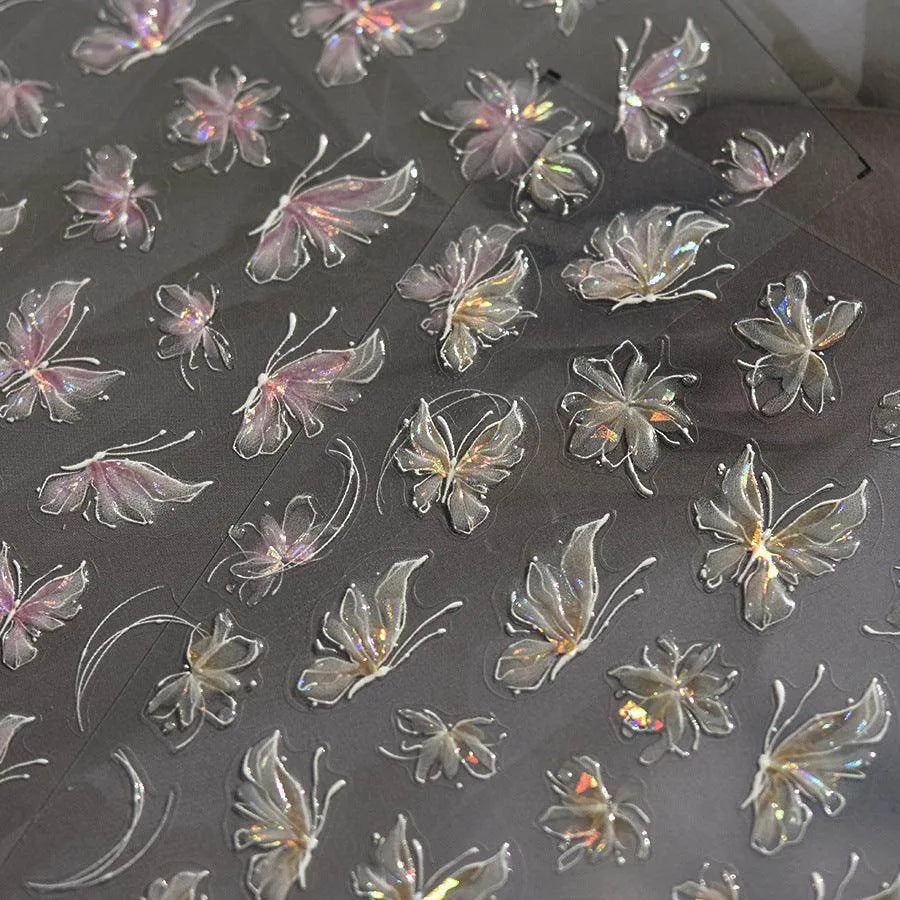 Aurora Light Butterfly Nail Art Stickers Adhesive Embossed Pink Wing Design Sticker Decals MS533