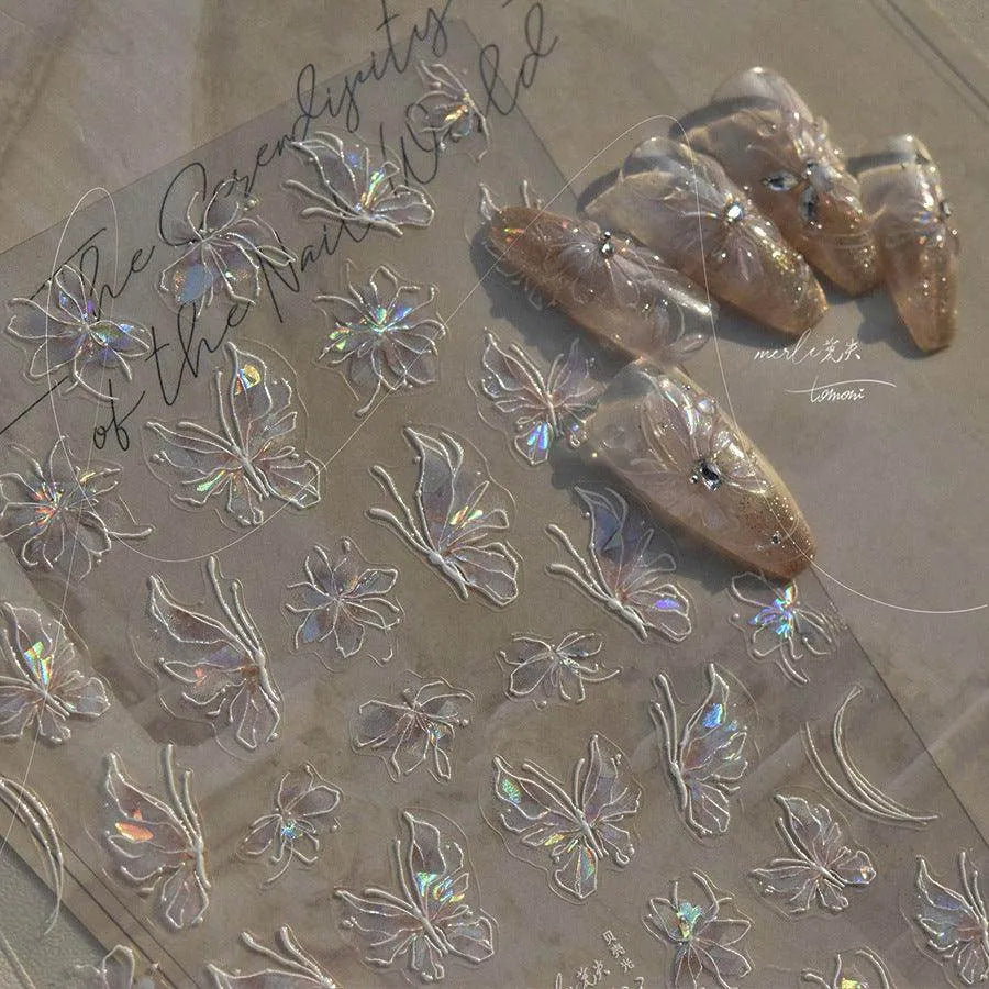 Aurora Light Butterfly Nail Art Stickers Adhesive Embossed Pink Wing Design Sticker Decals MS533