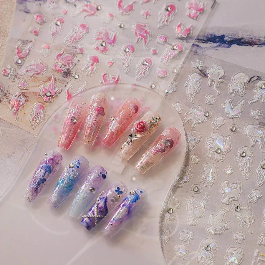 Aurora Light Jellyfish Nail Art Stickers Embossed Jelly Mermaids Adhesive Sticker Decals TL168