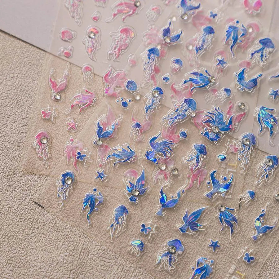 Aurora Light Jellyfish Nail Art Stickers Embossed Jelly Mermaids Adhesive Sticker Decals TL168