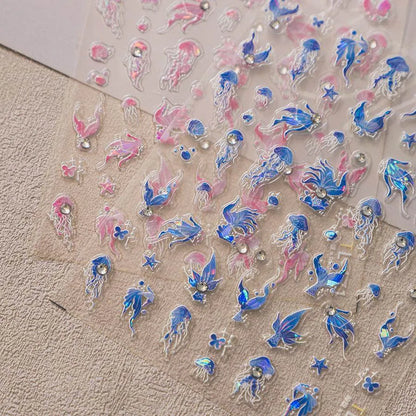 Aurora Light Jellyfish Nail Art Stickers Embossed Jelly Mermaids Adhesive Sticker Decals TL168