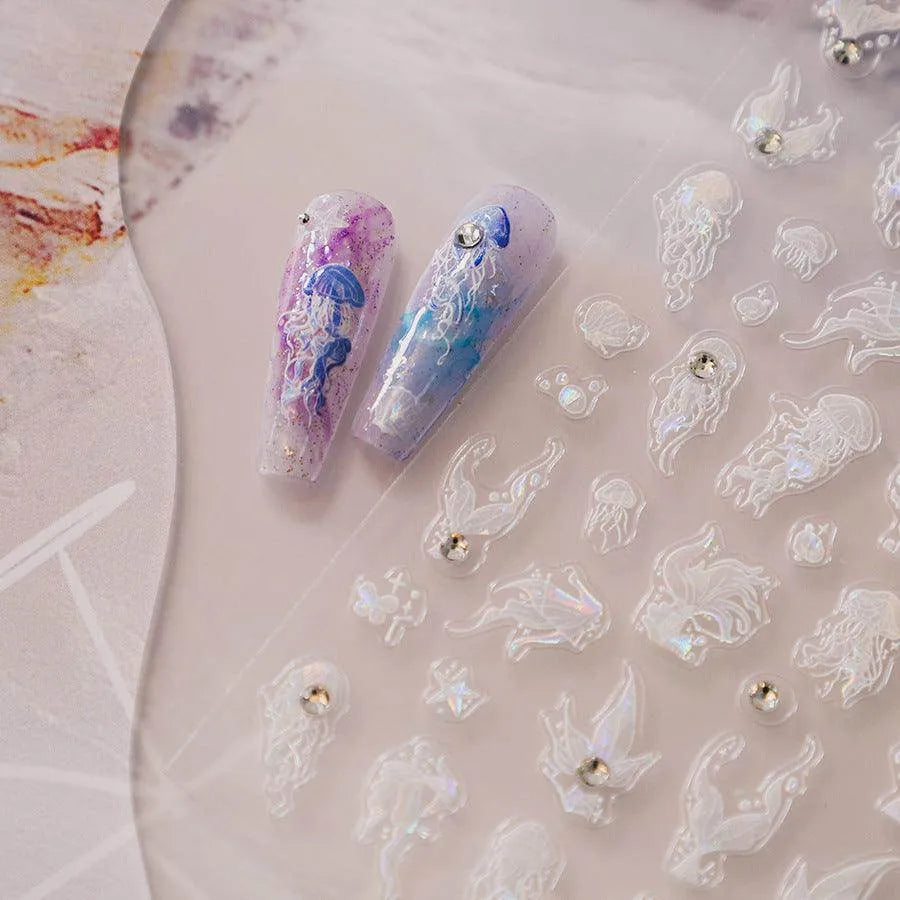 Aurora Light Jellyfish Nail Art Stickers Embossed Jelly Mermaids Adhesive Sticker Decals TL168