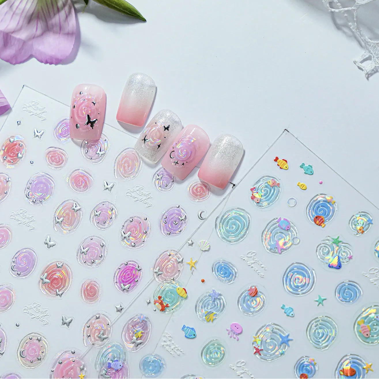 Aurora Ocean Swirls Nail Stickers | Y2K Mermaid Shell Decals