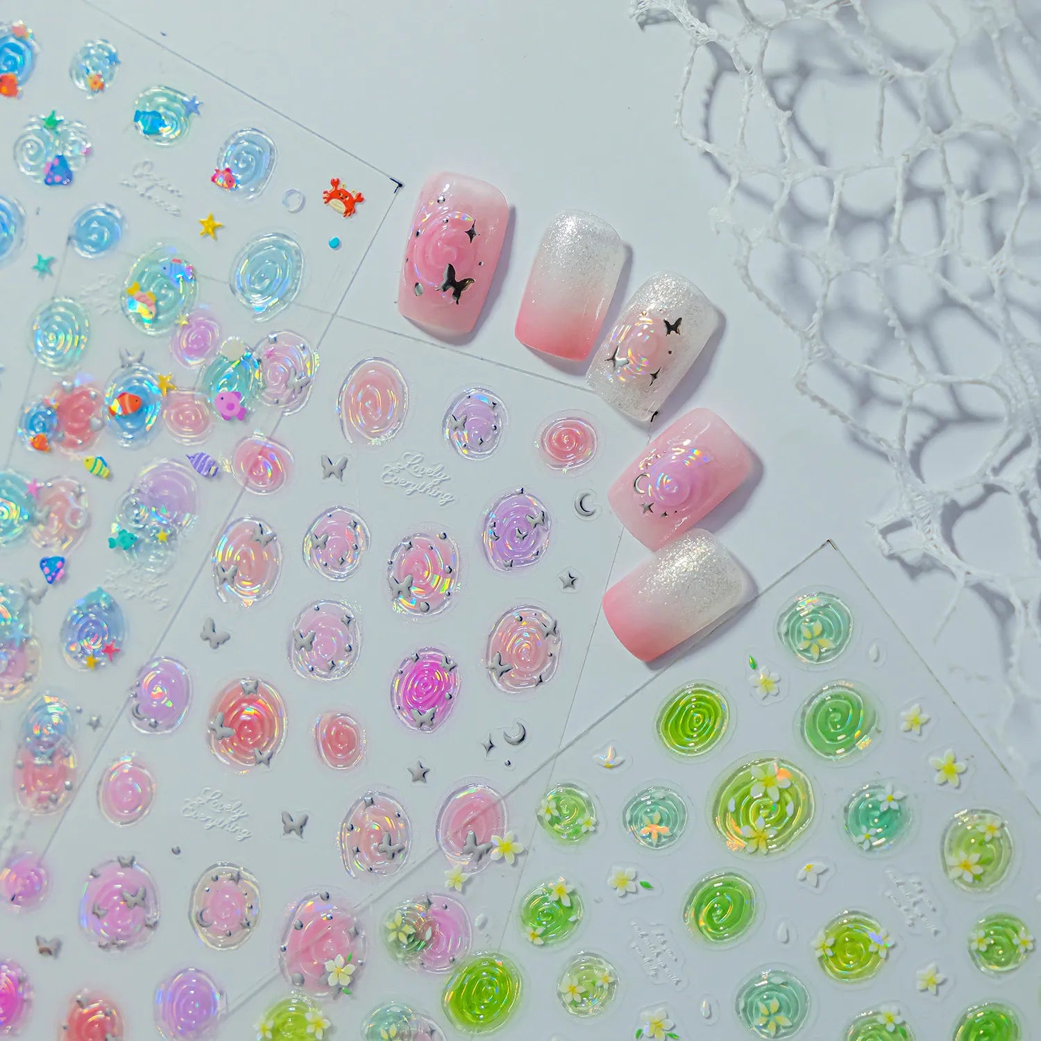 Aurora Ocean Swirls Nail Stickers | Y2K Mermaid Shell Decals