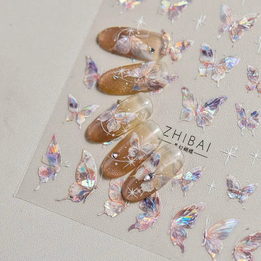 Aurora Shell Light Butterfly Nail Art Stickers 5D Embossed Pink Wings Sticker Decals Accessories to3638