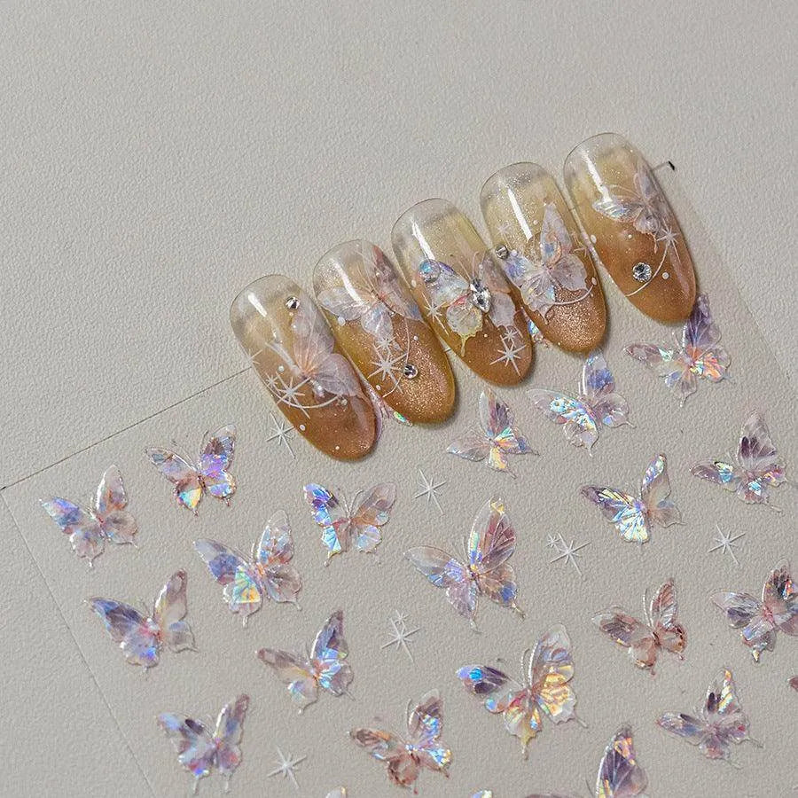 Aurora Shell Light Butterfly Nail Art Stickers 5D Embossed Pink Wings Sticker Decals Accessories to3638