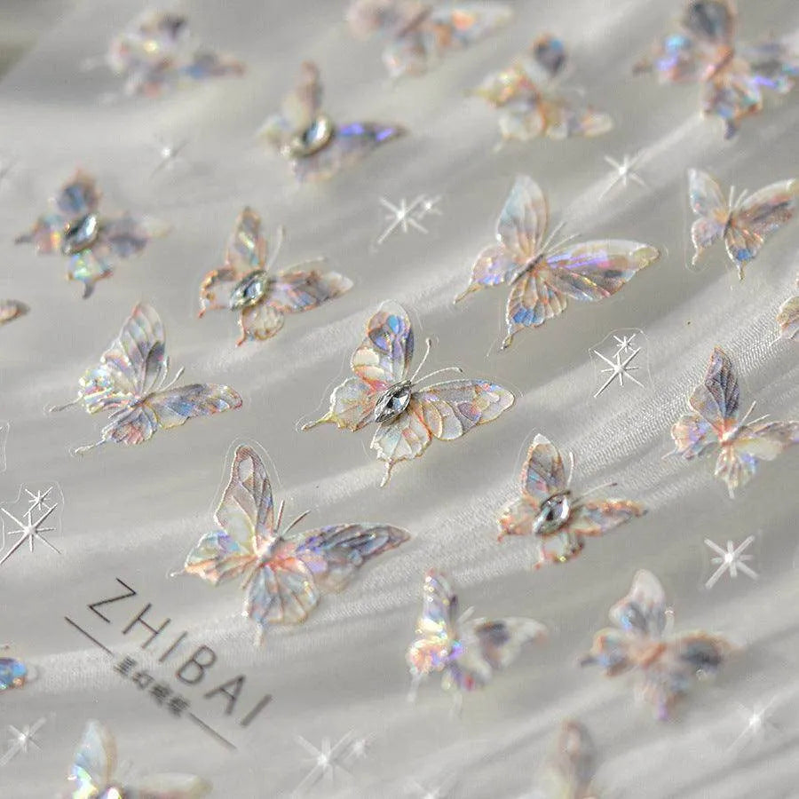 Aurora Shell Light Butterfly Nail Stickers Pink Butterfly Embossed Adhesive Nail Decals 
