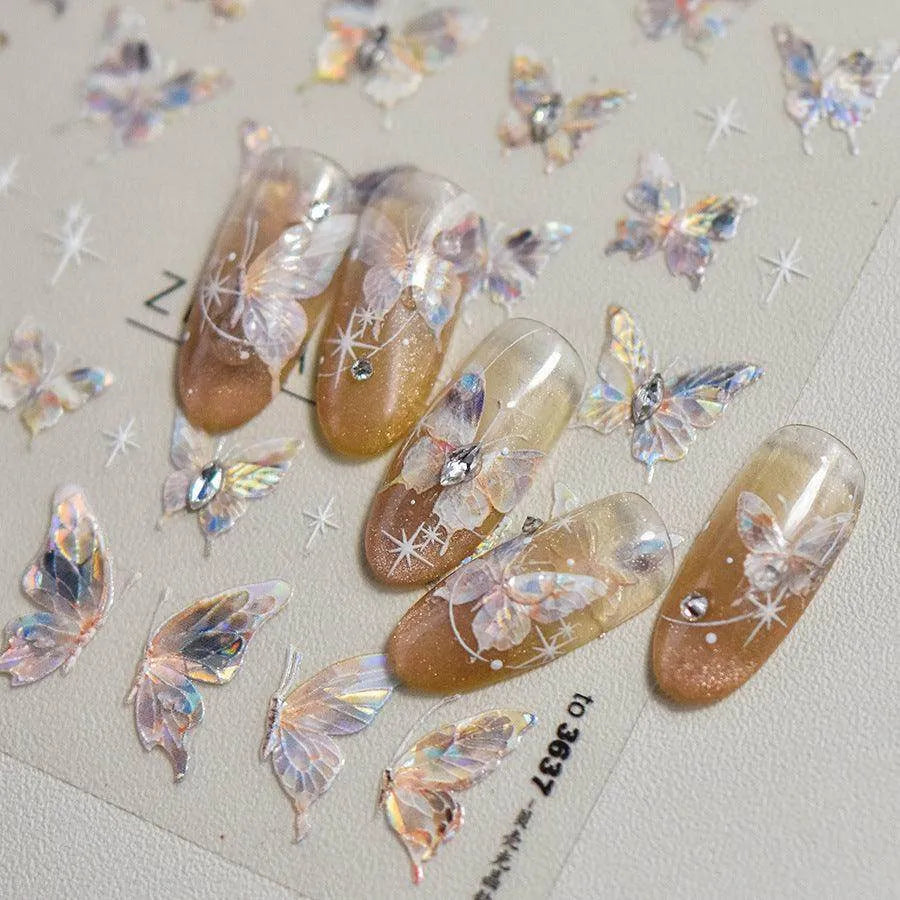 Aurora Shell Light Butterfly Nail Stickers Pink Butterfly Embossed Adhesive Nail Decals 