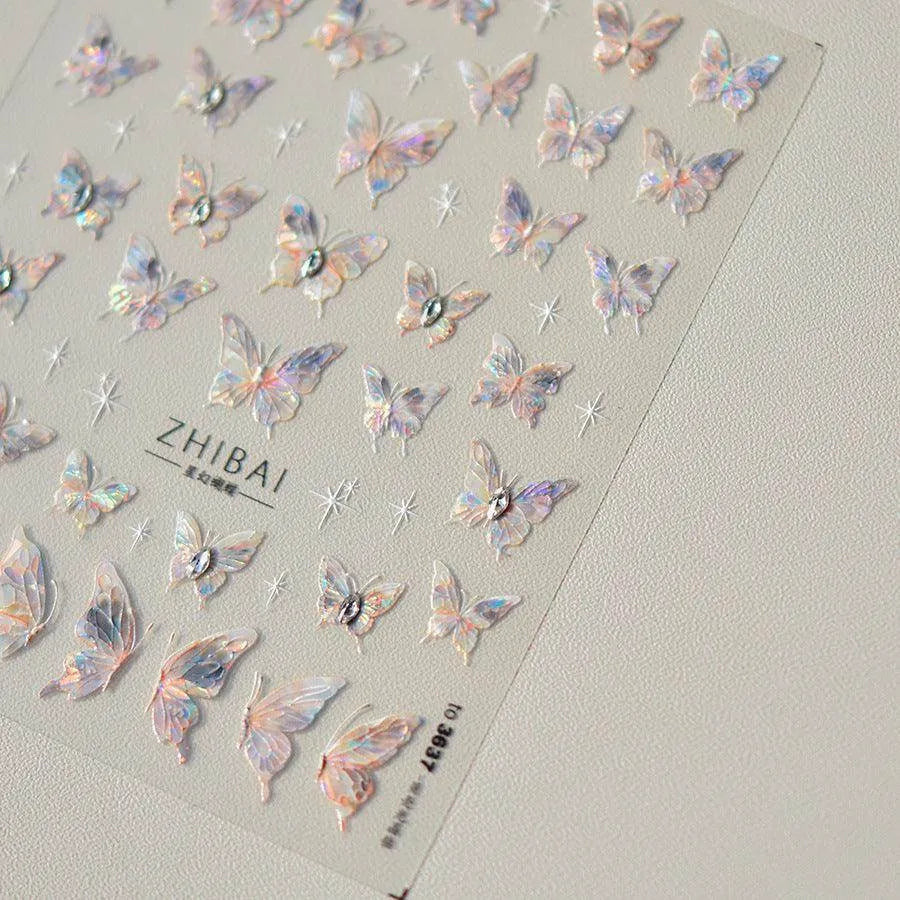 Aurora Shell Light Butterfly Nail Stickers Pink Butterfly Embossed Adhesive Nail Decals 