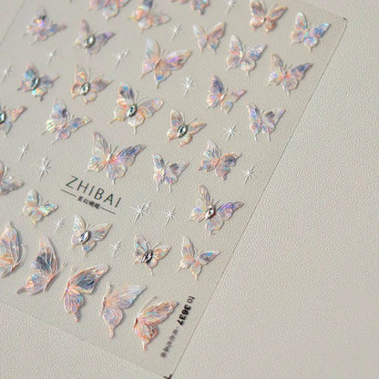 Aurora Shell Light Butterfly Nail Stickers Pink Butterfly Embossed Adhesive Nail Decals 