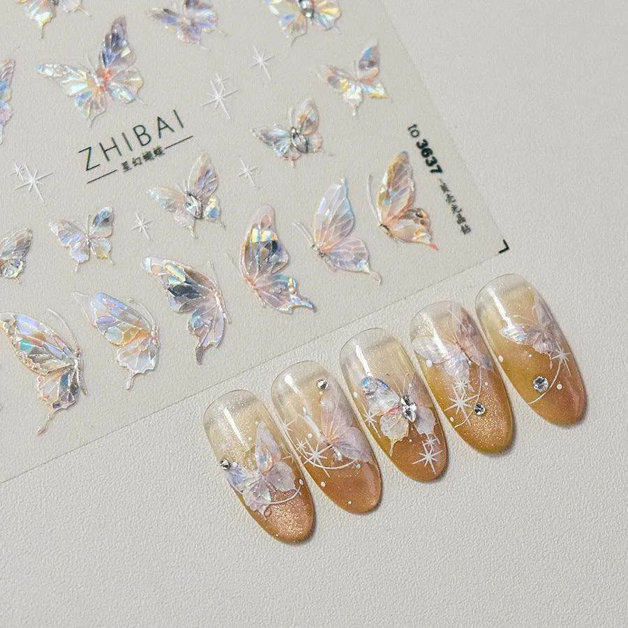 Aurora Shell Light Butterfly Nail Stickers Pink Butterfly Embossed Adhesive Nail Decals 