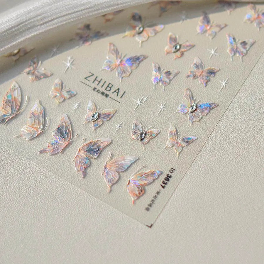 Aurora Shell Light Butterfly Nail Stickers Pink Butterfly Embossed Adhesive Nail Decals 