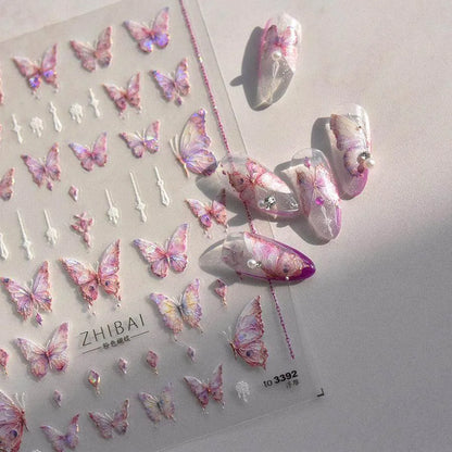 Aurora Shell Pink Butterfly Nail Stickers 5D Embossed Butterfly Nail Decals Manicure Accessories to3392