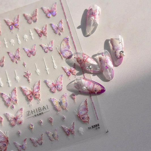 Aurora Shell Pink Butterfly Nail Stickers 5D Embossed Butterfly Nail Decals Manicure Accessories to3392