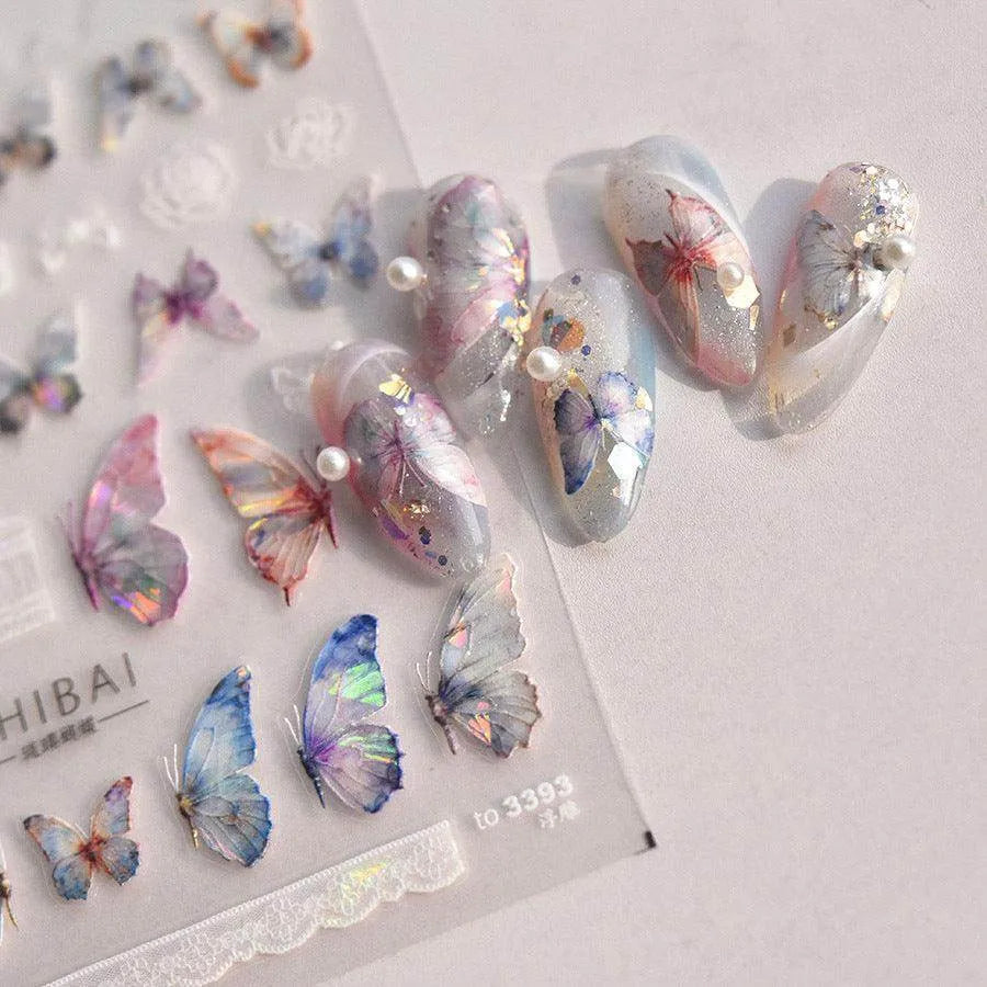 Aurora Shell Pink Butterfly Nail Stickers 5D Embossed Butterfly Nail Decals Manicure Accessories to3392