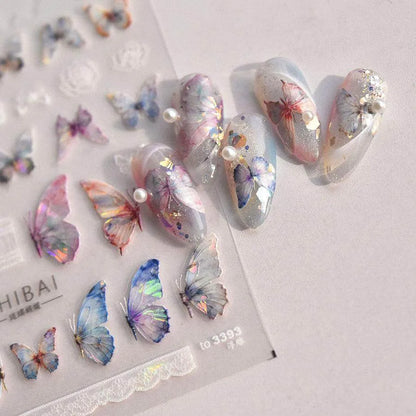 Aurora Shell Pink Butterfly Nail Stickers 5D Embossed Butterfly Nail Decals Manicure Accessories to3392