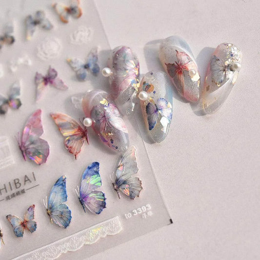 Aurora Shell Pink Butterfly Nail Stickers 5D Embossed Butterfly Nail Decals Manicure Accessories to3392
