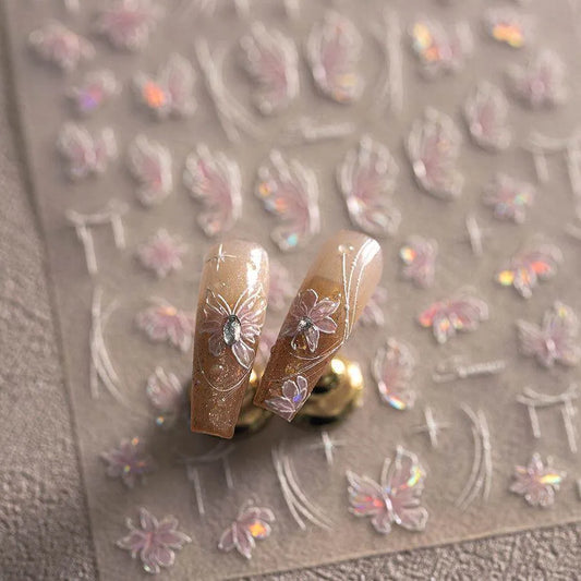 Aurora Shell Pink Tulips Nail Stickers 5D Embossed Flower Nail Art Decals Manicure Accessories M357