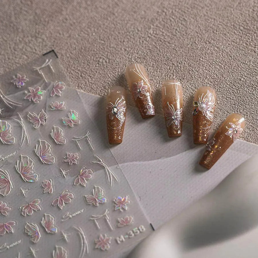 Aurora Shell Pink Tulips Nail Stickers 5D Embossed Flower Nail Art Decals Manicure Accessories M357