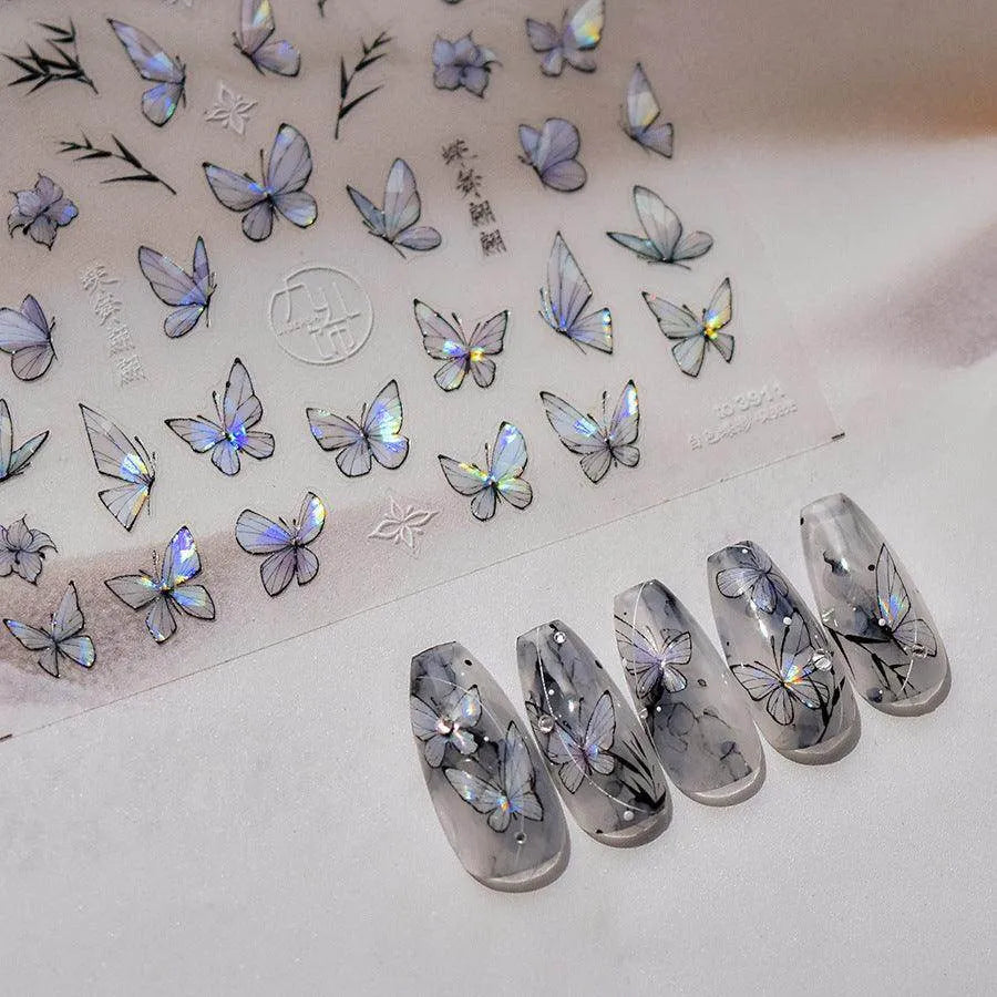 Auroral Shell Light Butterfly Nail Art Stickers Black Butterfly Adhesive Sticker Decals 