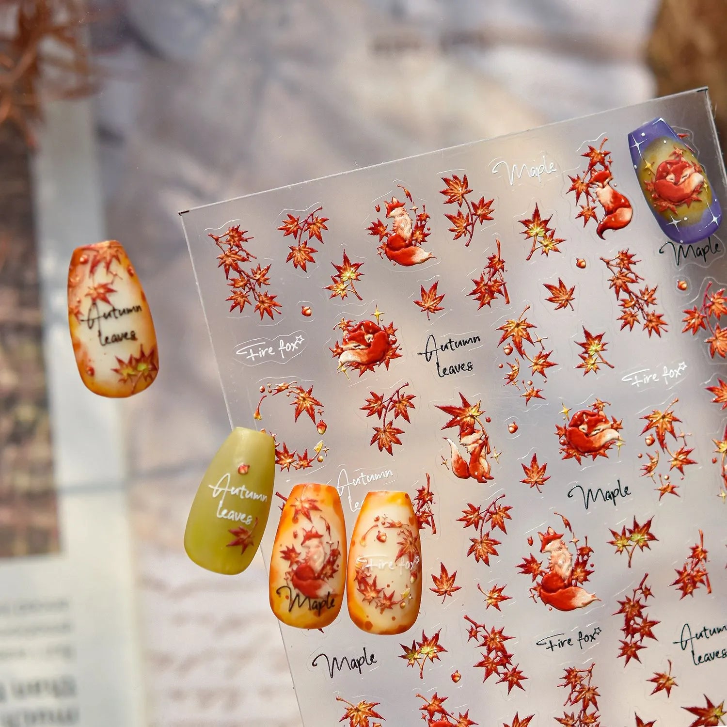 Autumn Maple Leaf Fox Nail Stickers - Fall Leaves Nail Art Decals to5376