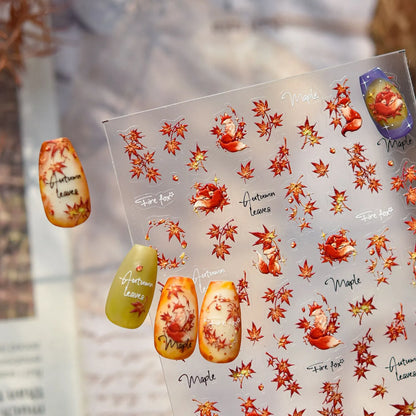 Autumn Maple Leaf Fox Nail Stickers - Fall Leaves Nail Art Decals to5376