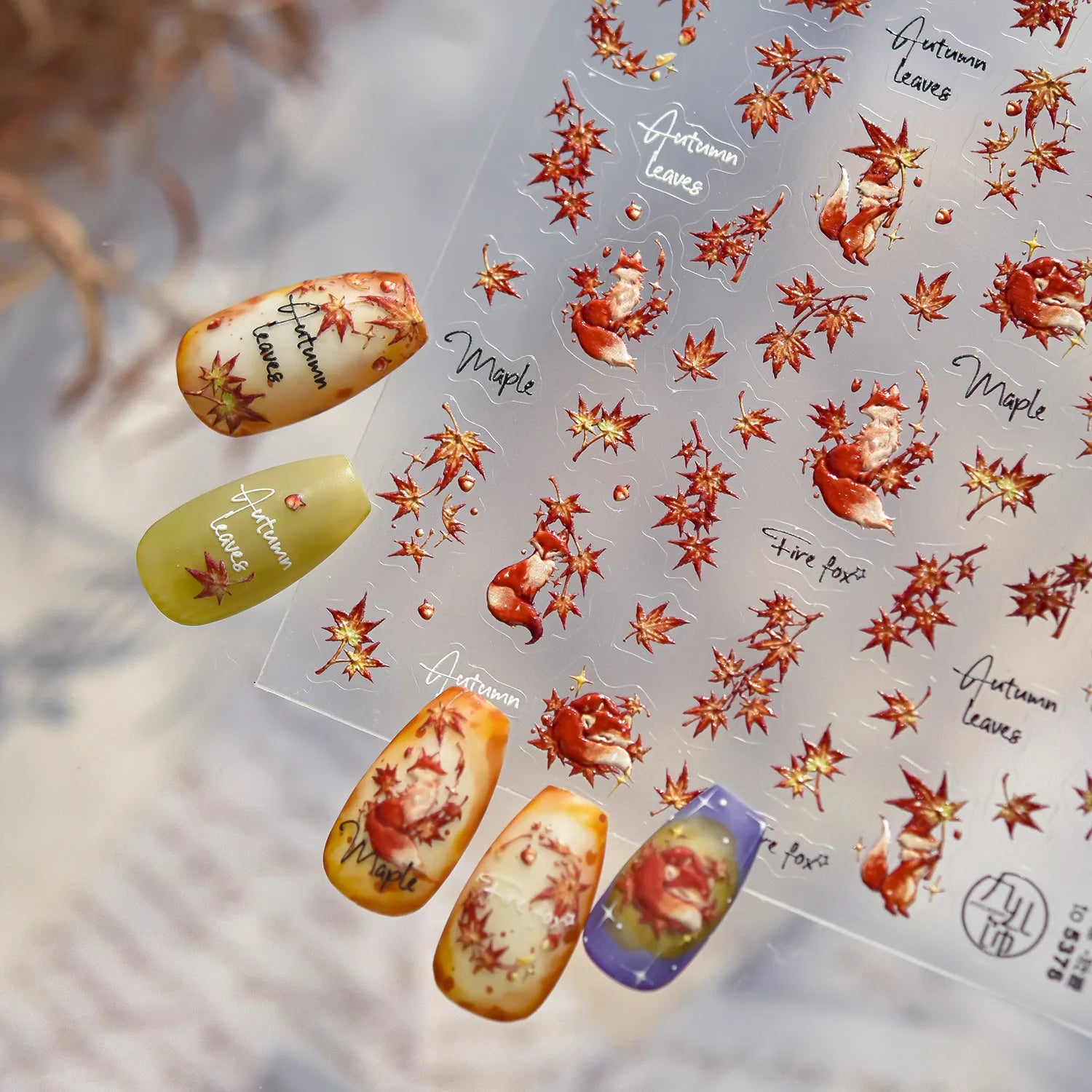 Autumn Maple Leaf Fox Nail Stickers - Fall Leaves Nail Art Decals to5376