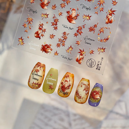 Autumn Maple Leaf Fox Nail Stickers - Fall Leaves Nail Art Decals to5376