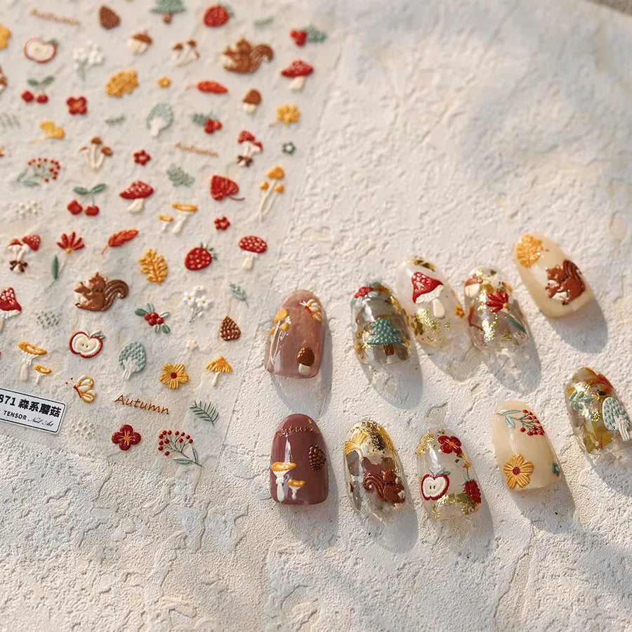 Autumn Nail Sticker | Cute Squirrel & Mushroom Decals for Fall Harvest Manicure TS3871
