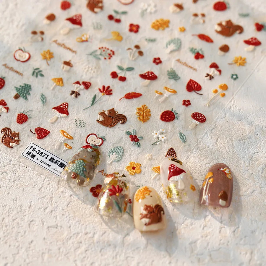 Autumn Nail Sticker | Cute Squirrel & Mushroom Decals for Fall Harvest Manicure TS3871