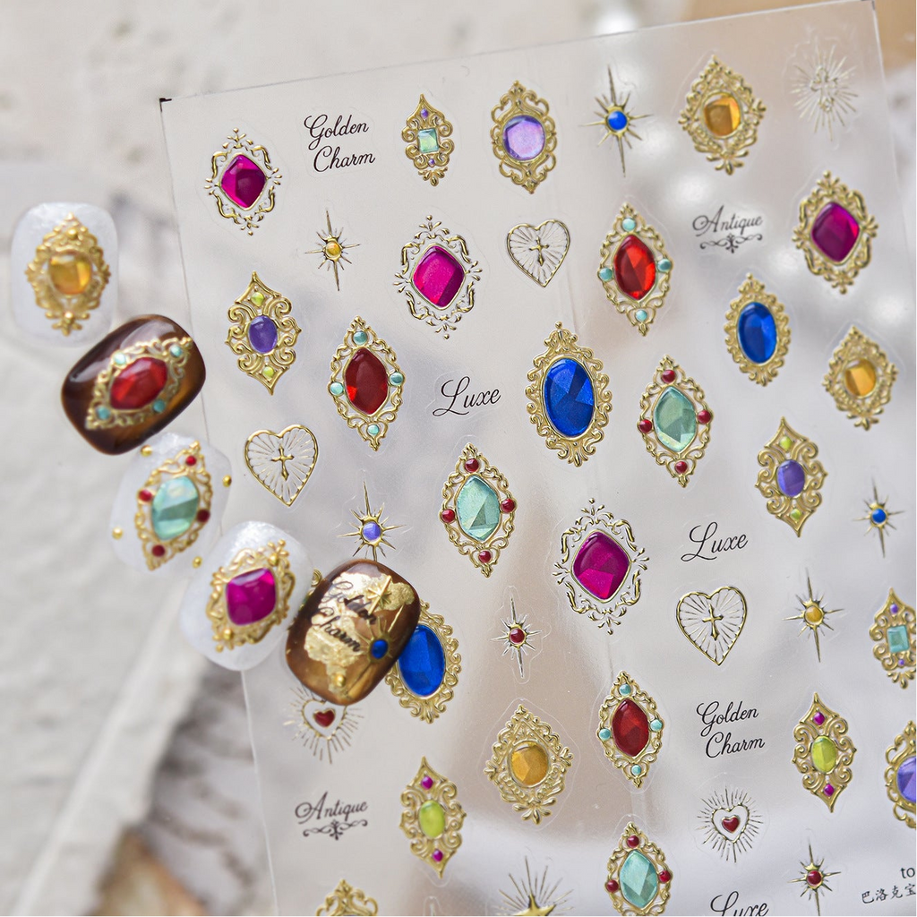 Baroque Gemstone Nail Art Stickers Vintage Gold Jewel Decals 6195