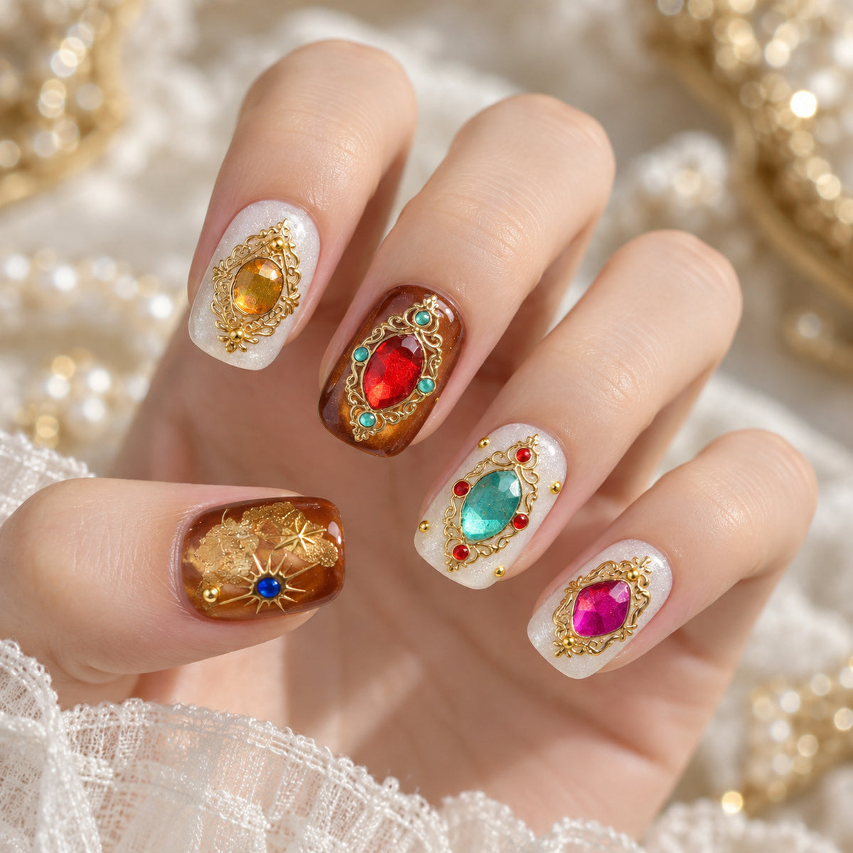 Baroque Gemstone Nail Art Stickers Vintage Gold Jewel Decals 6195