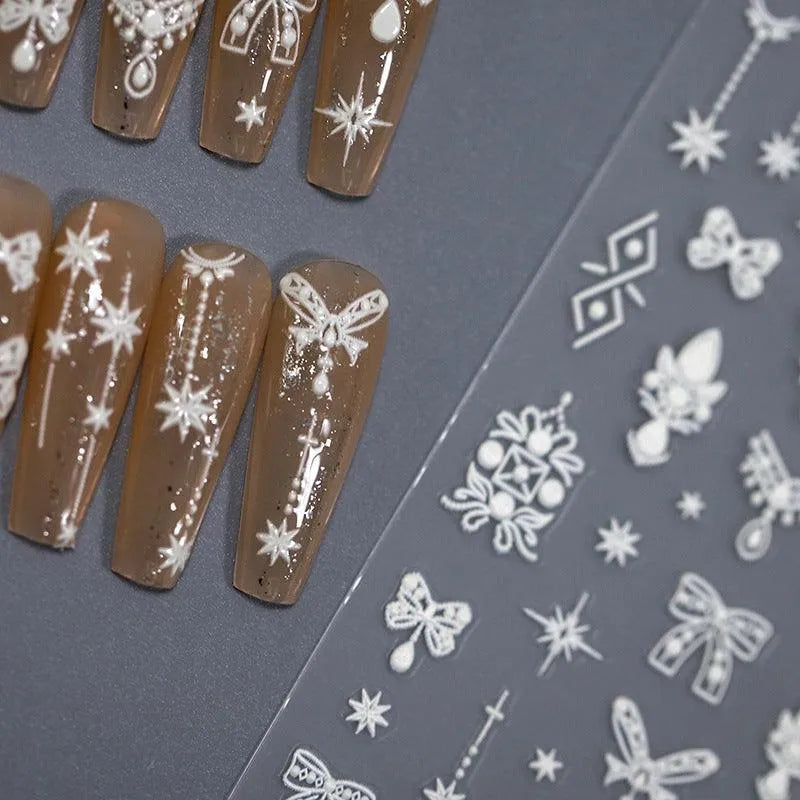 Baroque Pearls Nail Art Stickers Adhesive Sliders White Pendant Bow Embossed Sticker Decals 