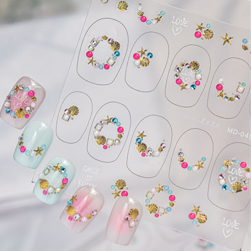 Beach Charm Rhinestone Nail Stickers – Pre-Arranged Self-Adhesive Nail Gems MD041