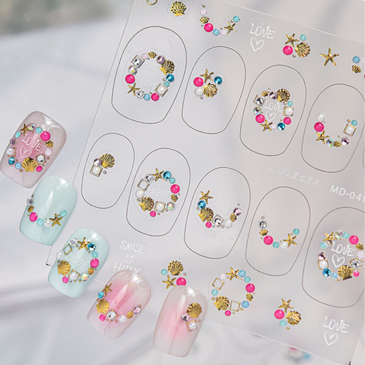 Beach Charm Rhinestone Nail Stickers – Pre-Arranged Self-Adhesive Nail Gems MD041