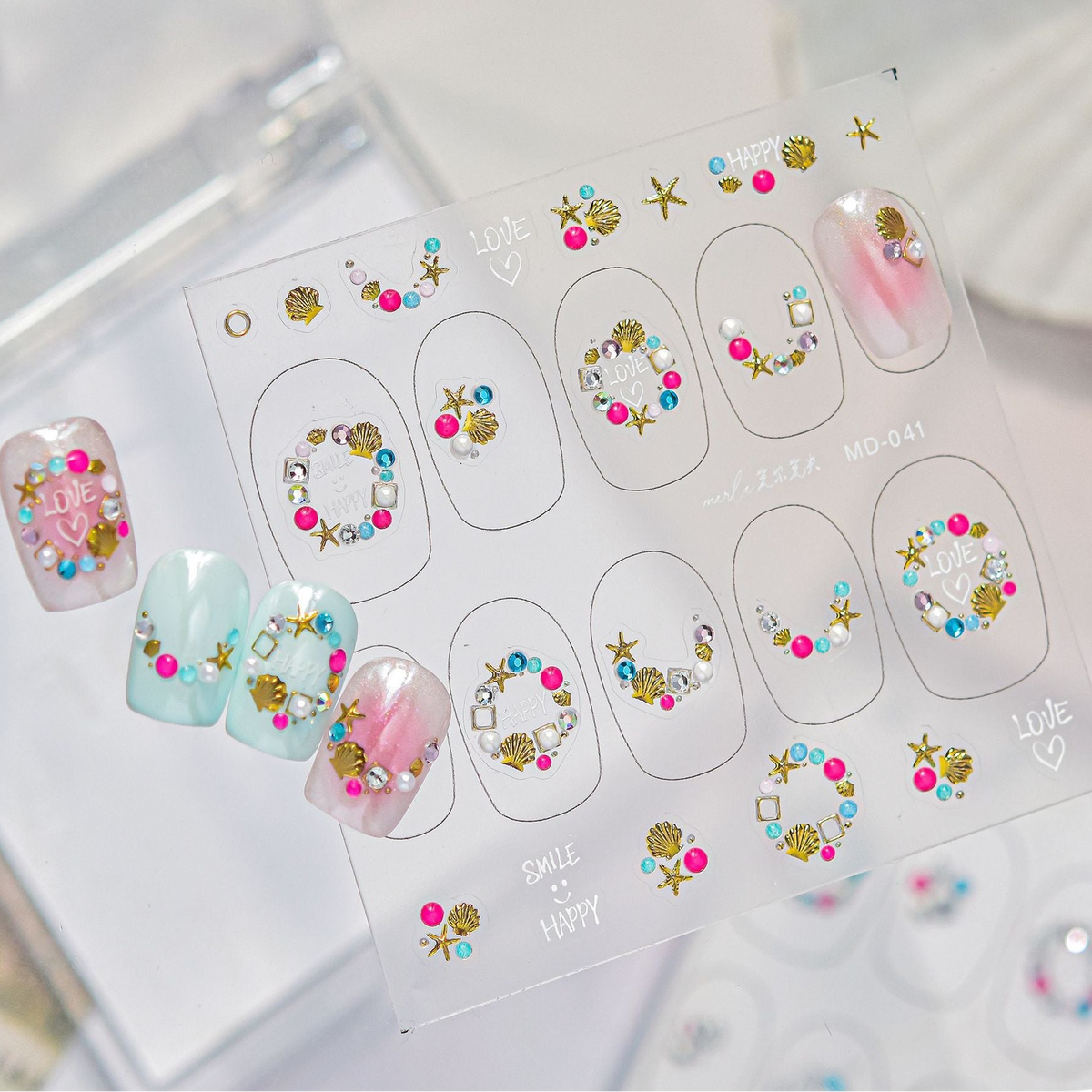 Beach Charm Rhinestone Nail Stickers – Pre-Arranged Self-Adhesive Nail Gems MD041