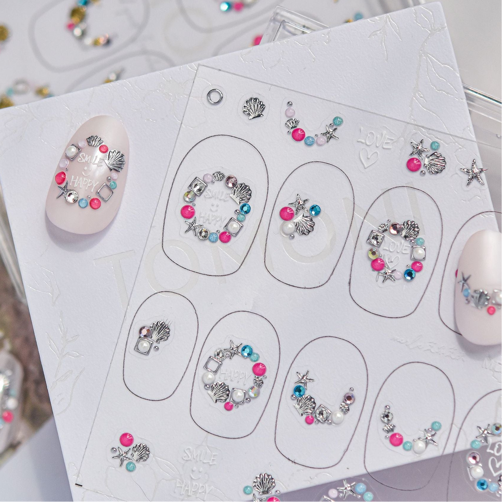 Beach Charm Rhinestone Nail Stickers – Pre-Arranged Self-Adhesive Nail Gems MD041