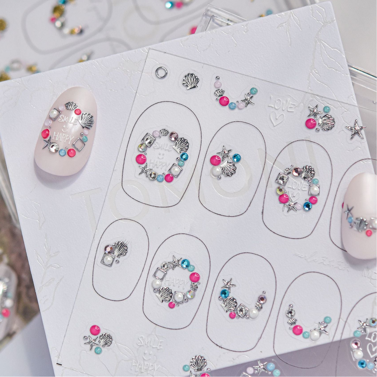 Beach Charm Rhinestone Nail Stickers – Pre-Arranged Self-Adhesive Nail Gems MD041