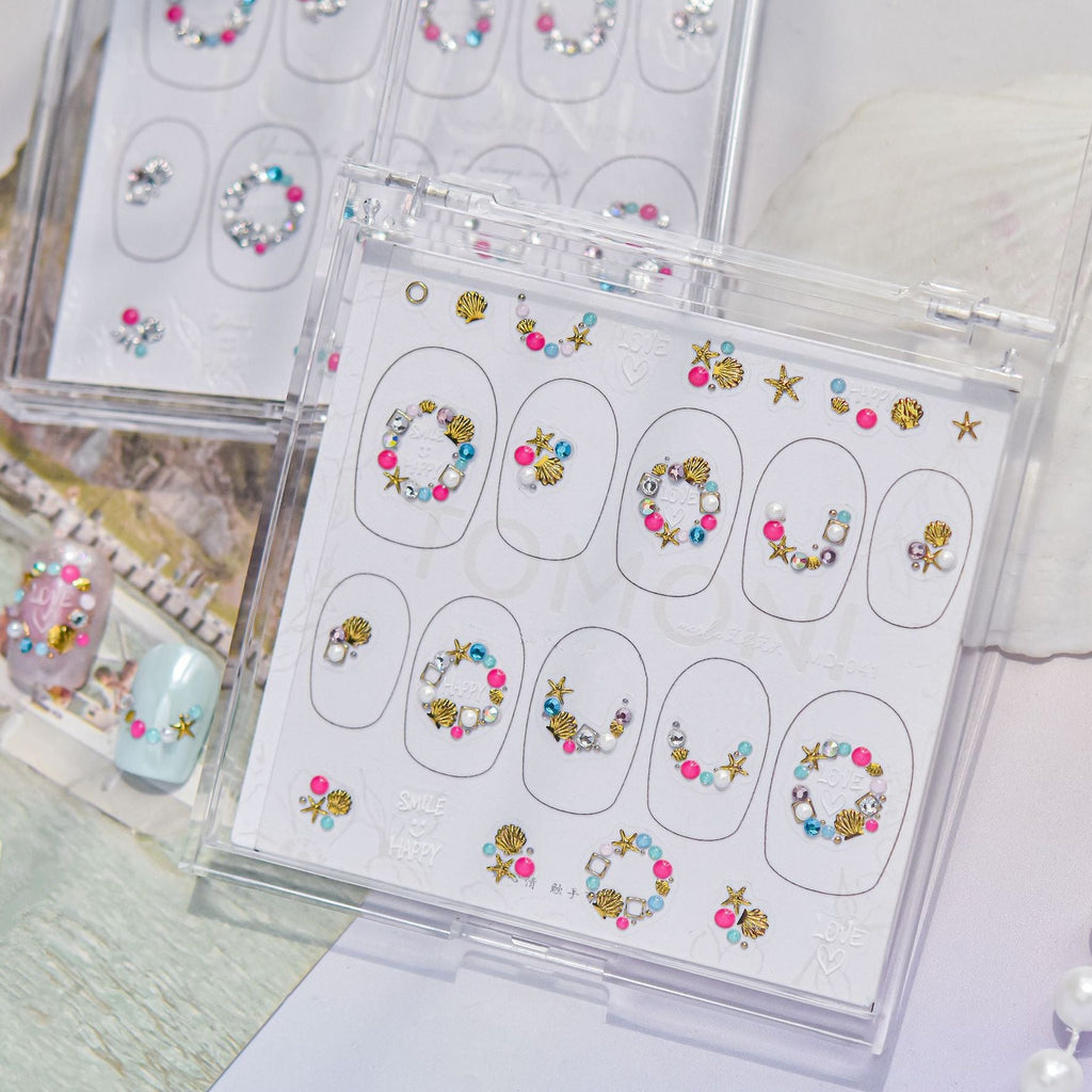 Beach Charm Rhinestone Nail Stickers – Pre-Arranged Self-Adhesive Nail Gems MD041
