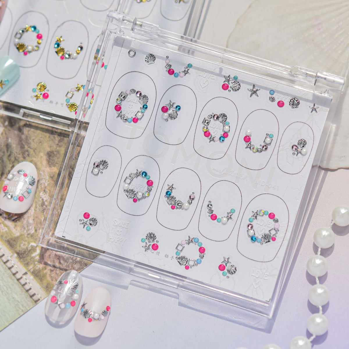 Beach Charm Rhinestone Nail Stickers – Pre-Arranged Self-Adhesive Nail Gems MD041