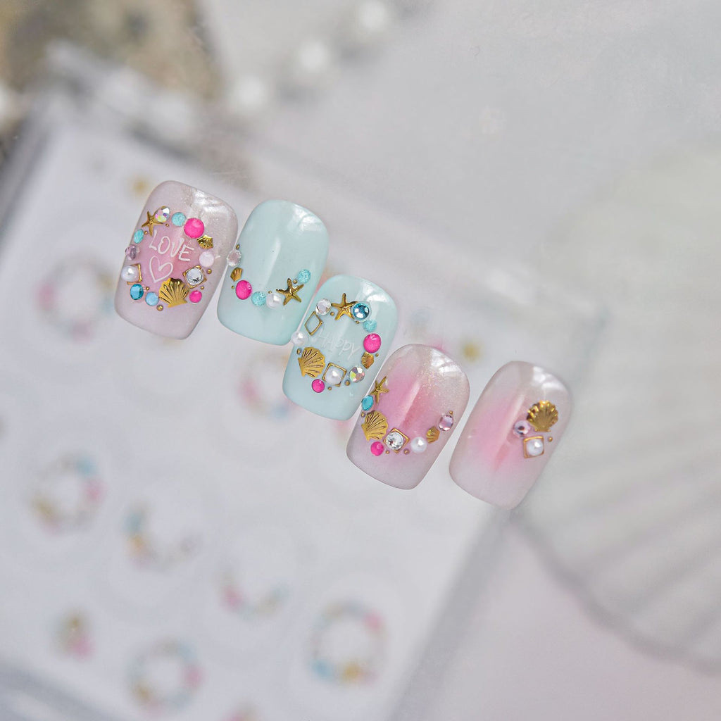 Beach Charm Rhinestone Nail Stickers – Pre-Arranged Self-Adhesive Nail Gems MD041