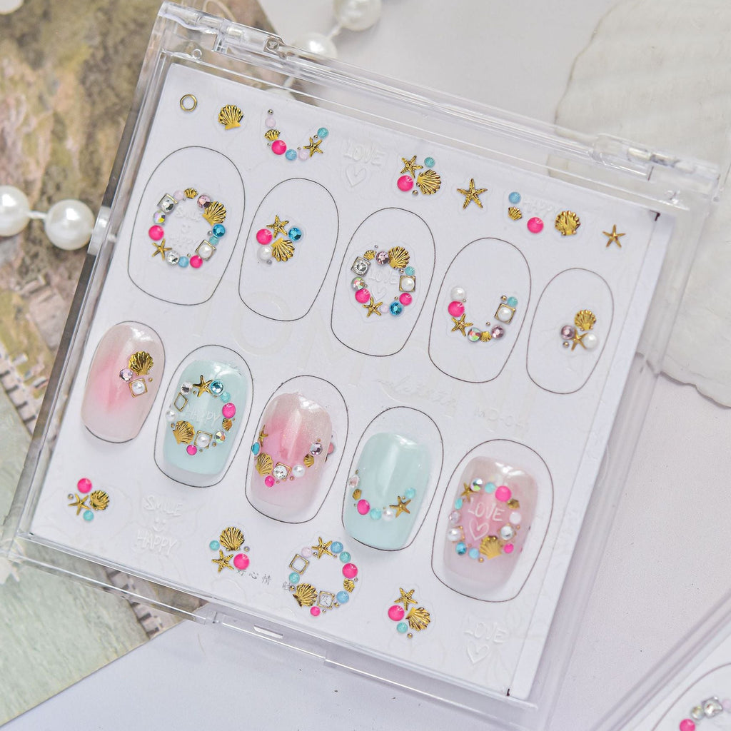 Beach Charm Rhinestone Nail Stickers – Pre-Arranged Self-Adhesive Nail Gems MD041