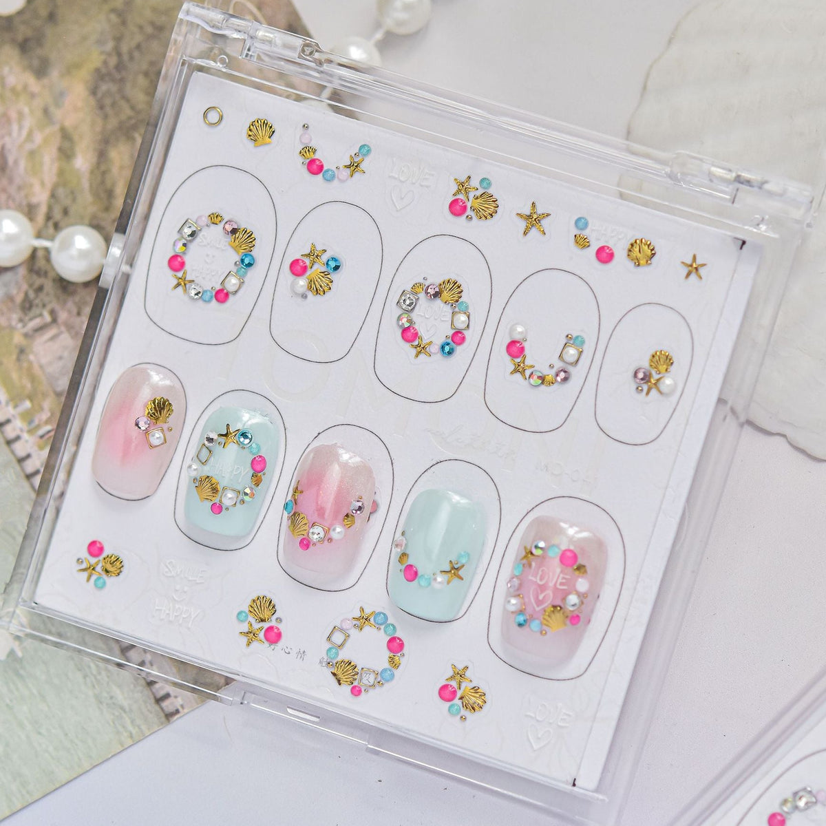 Beach Charm Rhinestone Nail Stickers – Pre-Arranged Self-Adhesive Nail Gems MD041