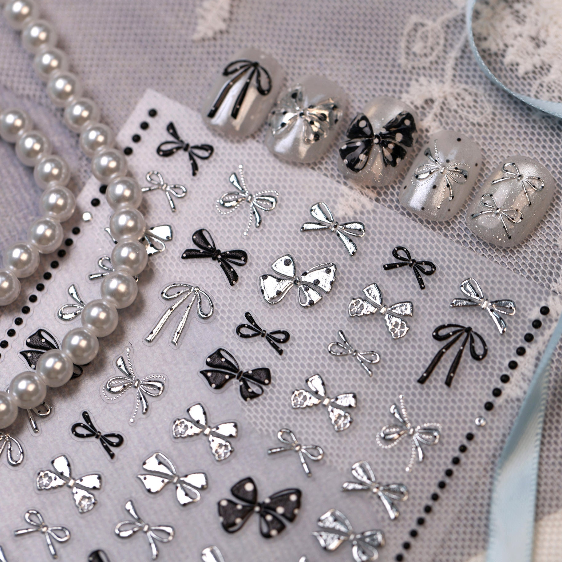Black Lace & Gothic Cross Nail Stickers - Vintage Dark Coquette Decals 1498