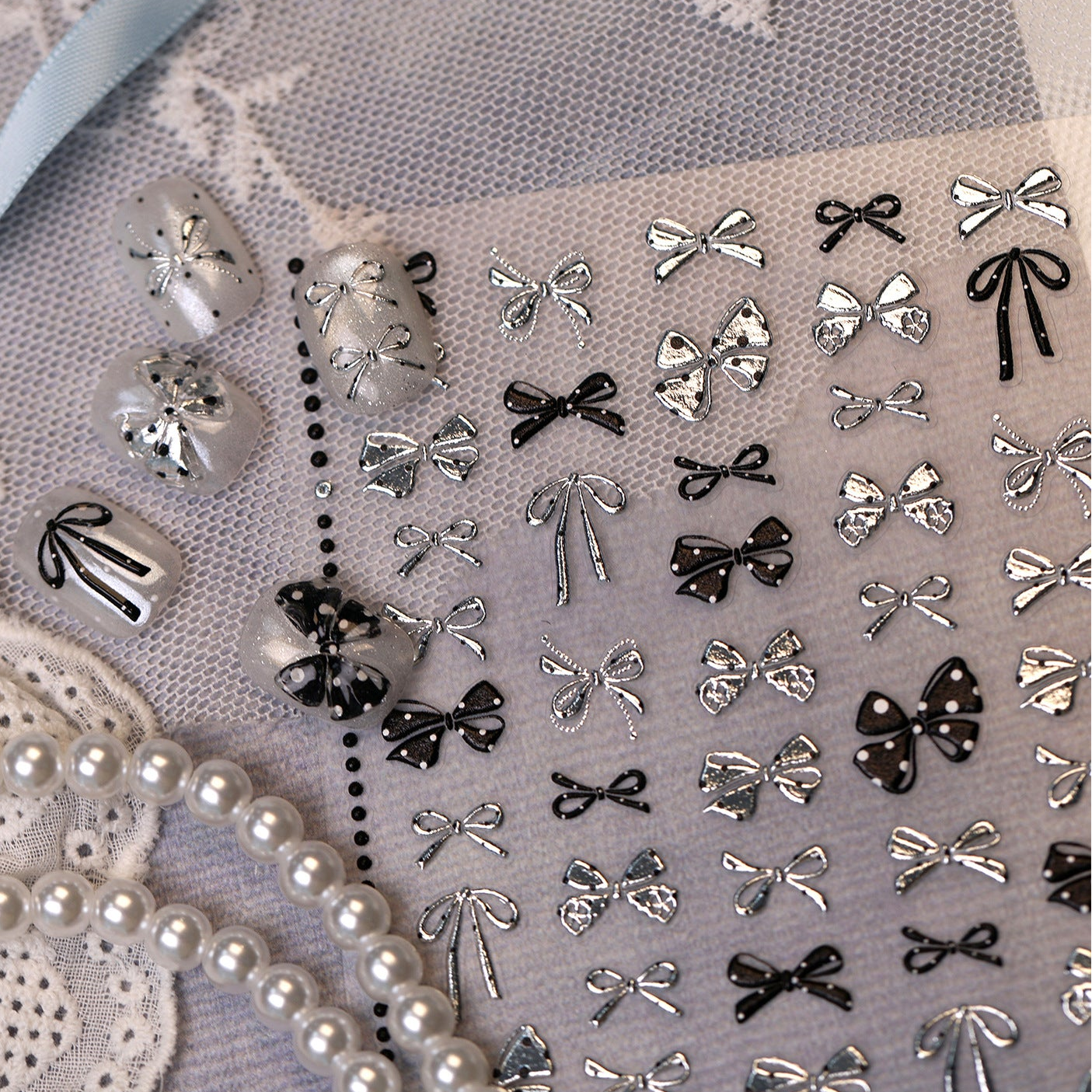 Black Lace & Gothic Cross Nail Stickers - Vintage Dark Coquette Decals 1498