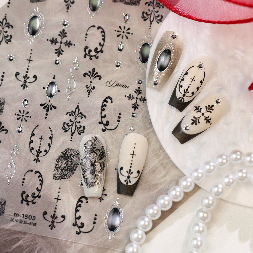Black Lace & Gothic Cross Nail Stickers - Vintage Dark Coquette Decals 1503