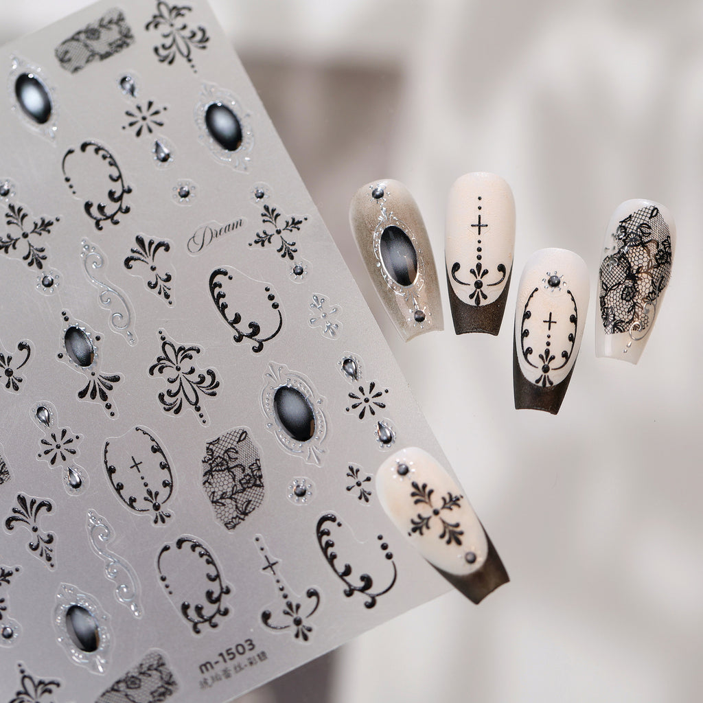 Black Lace & Gothic Cross Nail Stickers - Vintage Dark Coquette Decals 1503