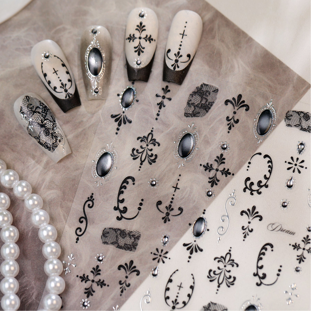 Black Lace & Gothic Cross Nail Stickers - Vintage Dark Coquette Decals 1503