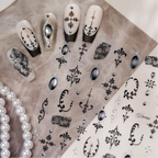 Black Lace & Gothic Cross Nail Stickers - Vintage Dark Coquette Decals 1503